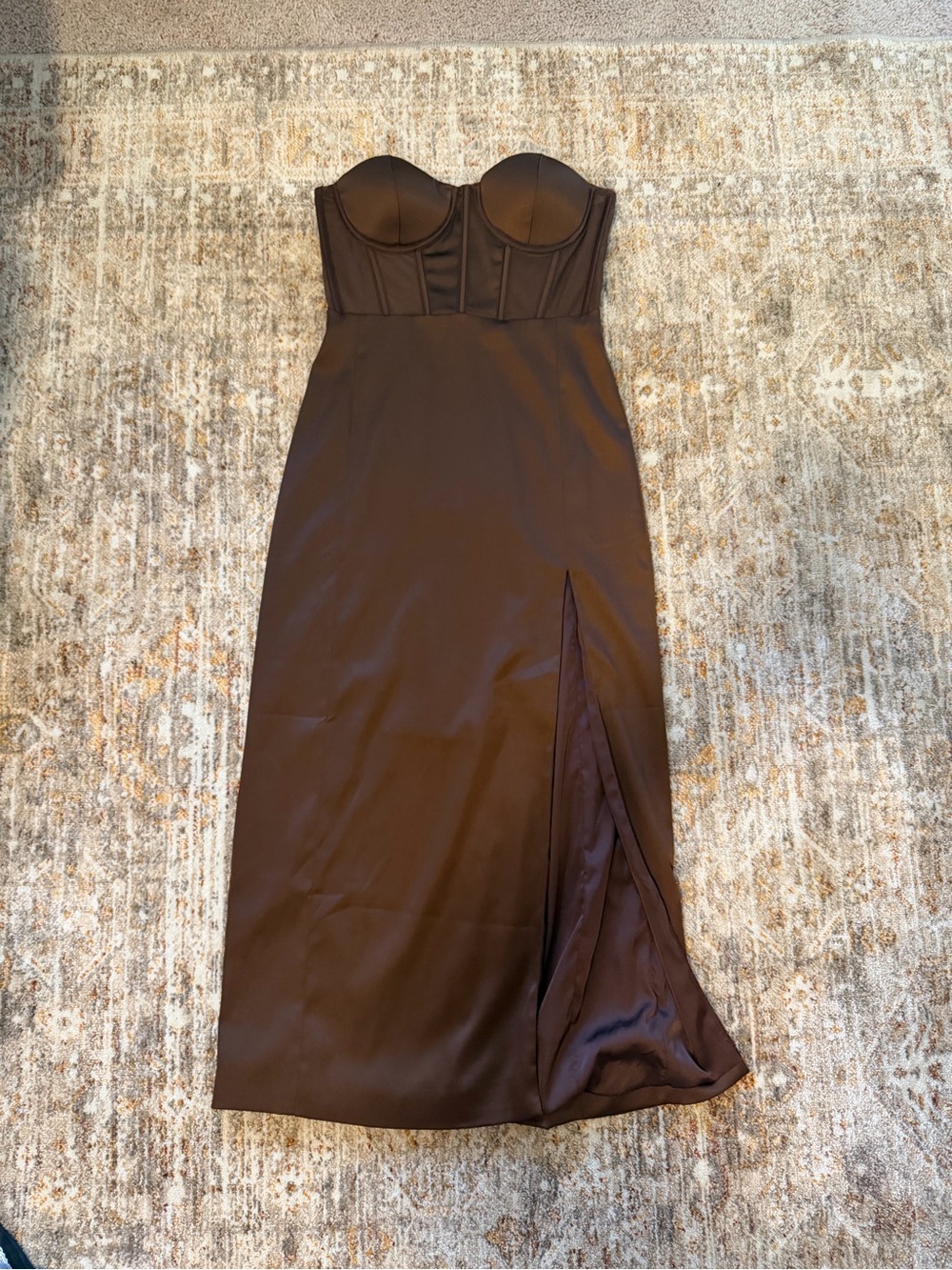 Meshki Chocolate Brown Strapless Bustier Maxi Dress with Front Slit